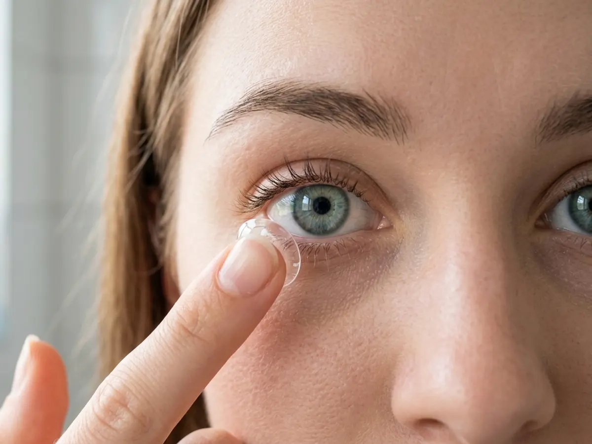 Lentille de contact posée sur le bout du doigt, juste avant l'œil