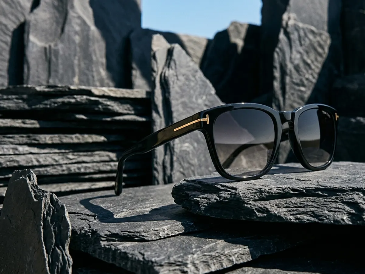 Solaires noires aux verres dégradés, posées sur des blocs d'ardoise en plein soleil