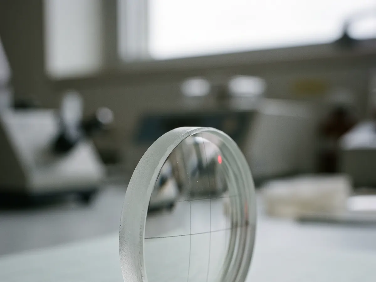 Verre ophtalmique posé sur sa grille de centrage